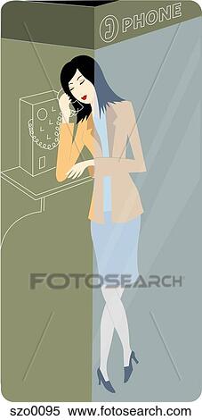 Stock Illustration - Businesswoman using a payphone. Fotosearch