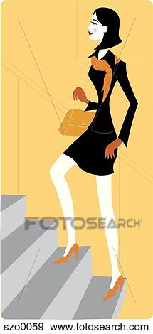 Stock Illustration - Businesswoman walking up a staircase. Fotosearch