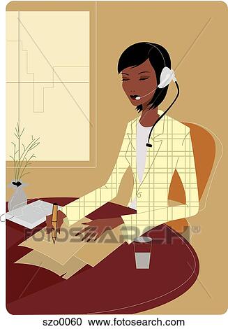Clipart - Businesswoman wearing a telephone headset and taking notes. Fotosearch