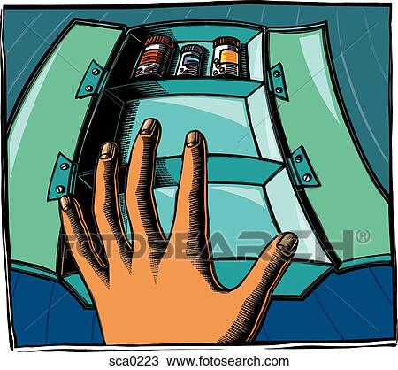 Drawing - Hand reaching for pharmaceuticals. Fotosearch