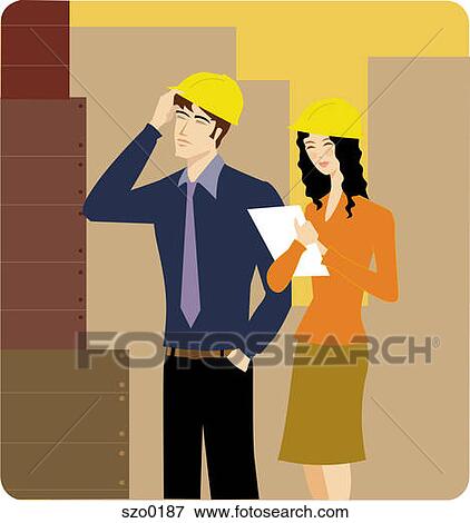 Stock Illustration - Man and woman inspecting a building site. Fotosearch