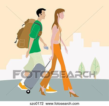 Drawing - Man and woman walking with luggage. Fotosearch