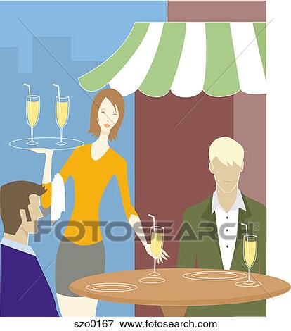 Waitress serving two men at an outdoor cafe View Large Illustration Stock Illustration - Waitress serving two men at an outdoor cafe. Fotosearch