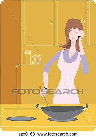Stock Illustration - Woman cooking with a wok and talking on the phone. Fotosearch