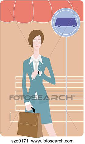 Woman waiting at a bus stop and checking her watch View Large Illustration Clip Art - Woman waiting at a bus stop and checking her watch. Fotosearch