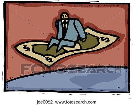 Drawing - man flying on money carpet. Fotosearch