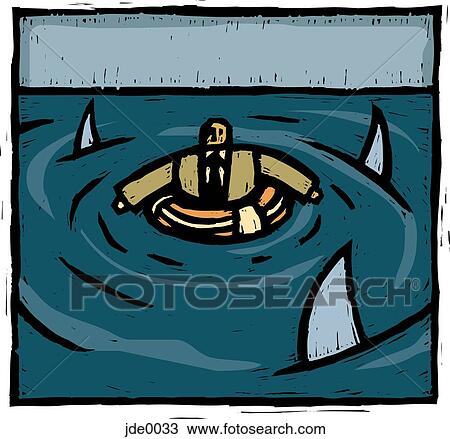 surrounded by sharks View Large Illustration Drawing - surrounded by sharks. Fotosearch