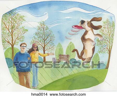 Stock Illustration - a couple playing with their dog in the park. Fotosearch
