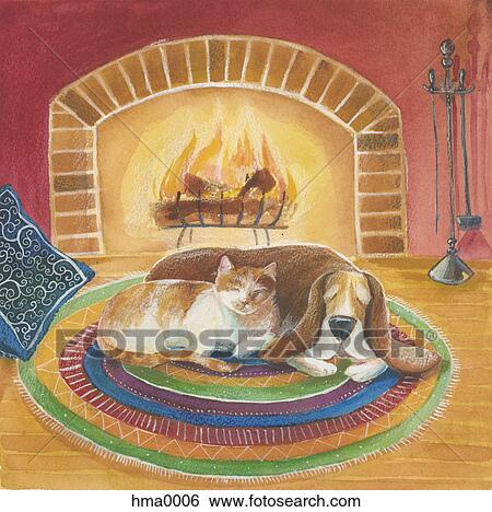 cat and dog sleeping by the fire View Large Illustration Stock Illustration - cat and dog sleeping by the fire. Fotosearch