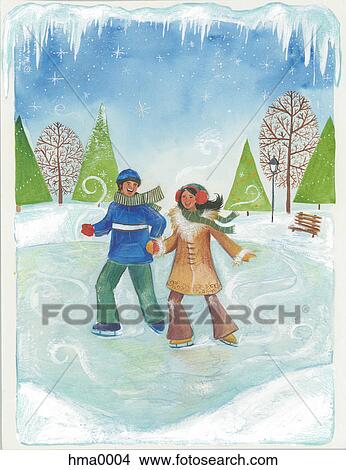 Stock Illustration - couple ice skating. Fotosearch