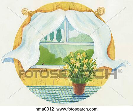 flowers near an open window View Large Illustration Drawing - flowers near an open window. Fotosearch