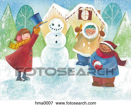 Stock Illustration - kids building a snowman. Fotosearch