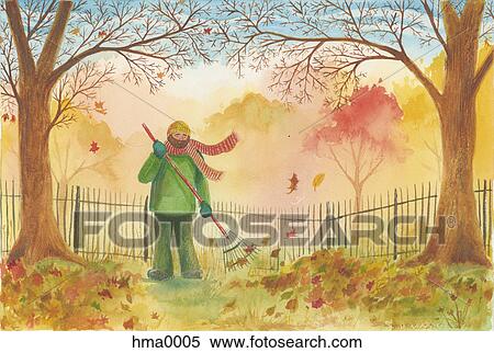 Stock Illustration - man raking leaves. Fotosearch