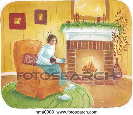 Stock Illustration - reading by the fireplace. Fotosearch
