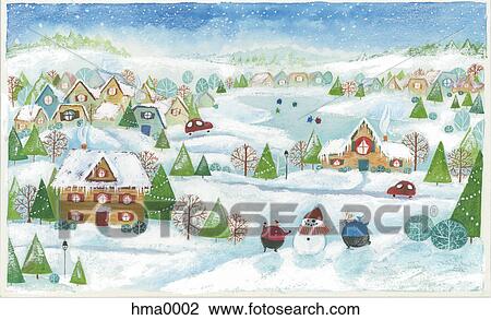 winter village View Large Illustration Drawing - winter village. Fotosearch