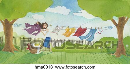 Woman hanging laundry outside Drawing | hma0013 | Fotosearch