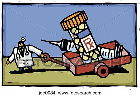 Stock Illustration - doctor dragging a wagon full of medication and a syringe. Fotosearch
