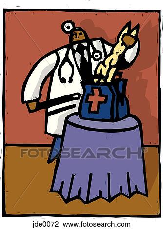 doctor pulling a rabbit out of a medical bag View Large Illustration Drawing - doctor pulling a rabbit out of a medical bag. Fotosearch