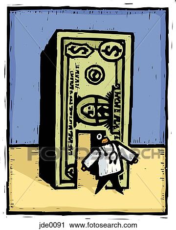 doctor walking through a door made of money View Large Illustration Clip Art - doctor walking through a door made of money. Fotosearch