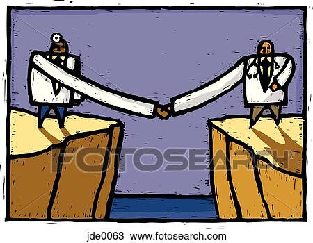 Drawing - Doctors shaking hands over a chasm. Fotosearch