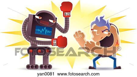 Mann Boxen Mit A Roboter Clip Art Yan0081 Fotosearch