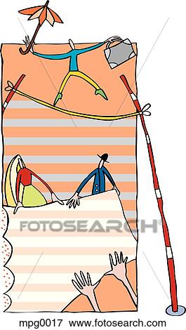 Stock Illustration - A businessman balancing on a tightrope while people hold a net below. Fotosearch