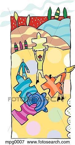 Stock Illustration - People constructing a colorful puzzle. Fotosearch