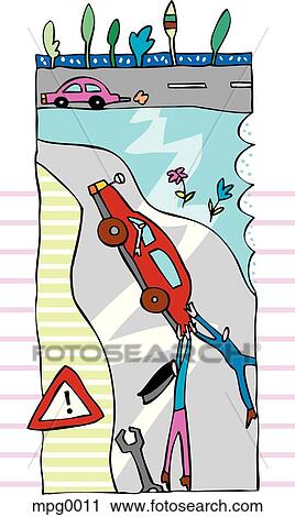 Clip Art - People working together to push a stalled car. Fotosearch