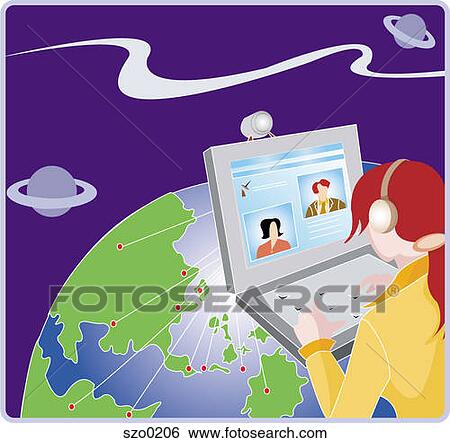 A woman using her computer to network with people all over the world View Large Illustration Stock Illustration - A woman using her computer to network with people all over the world. Fotosearch