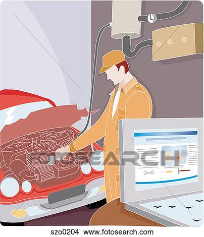 Stock Illustration - Auto mechanic using on-line instructions to tune up a car engine. Fotosearch
