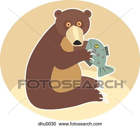 Clipart - grizzly bear eating fish. Fotosearch