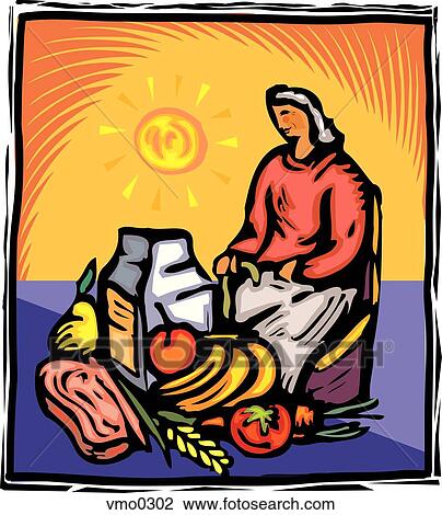 Drawing - senior woman and groceries. Fotosearch