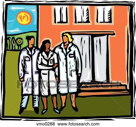 three doctors in front of a hospital View Large Illustration Stock Illustration - three doctors in front of a hospital. Fotosearch