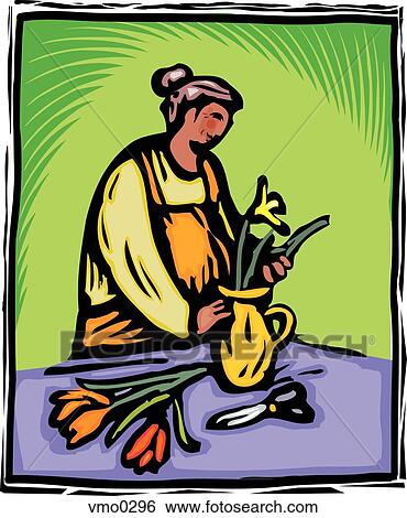 woman putting flowers in a vase View Large Illustration Stock Illustration - woman putting flowers in a vase. Fotosearch