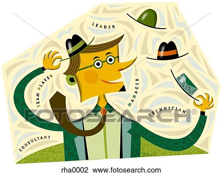 businessman trying on different hats View Large Illustration Drawing - businessman trying on different hats. Fotosearch