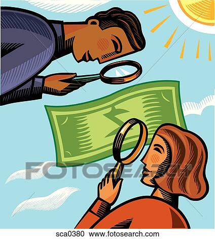 Clipart - Business people examining a dollar bill. Fotosearch