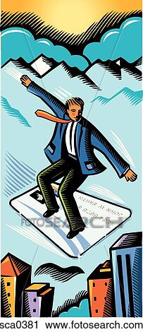 Businessman flying on a credit card View Large Illustration Clip Art - Businessman flying on a credit card. Fotosearch
