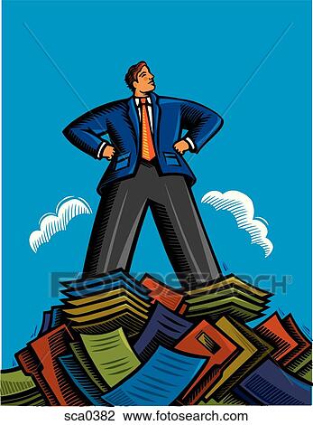 Businessman standing on top of a mountain of papers View Large Illustration Drawing - Businessman standing on top of a mountain of papers. Fotosearch