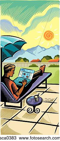 Drawing - Businessman using his laptop on his patio. Fotosearch
