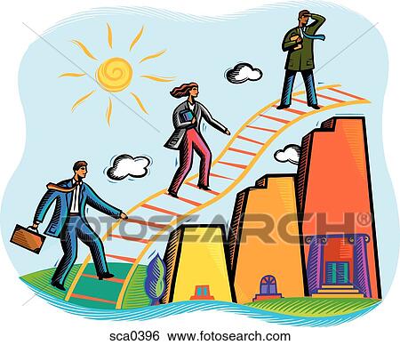 Stock Illustration - Businesspeople climbing a ladder over buildings. Fotosearch