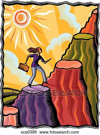Stock Illustration - Businesswoman climbing mountains. Fotosearch