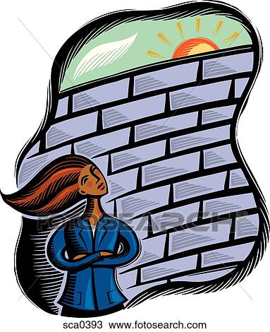 Businesswoman faced with a brick wall View Large Illustration Drawing - Businesswoman faced with a brick wall. Fotosearch