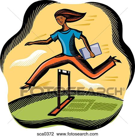Drawing - Businesswoman leaping over a hurdle. Fotosearch