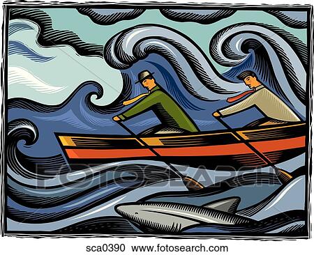 Two businessmen rowing through shark infested waters View Large Illustration Clipart - Two businessmen rowing through shark infested waters. Fotosearch