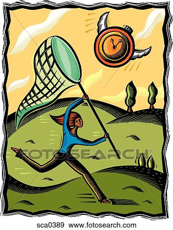 Woman trying to catch time View Large Illustration Stock Illustration - Woman trying to catch time. Fotosearch