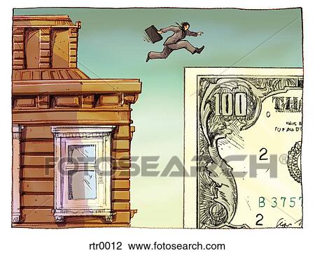 businessman jumping from a building to a dollar sign View Large Illustration Drawing - businessman jumping from a building to a dollar sign. Fotosearch