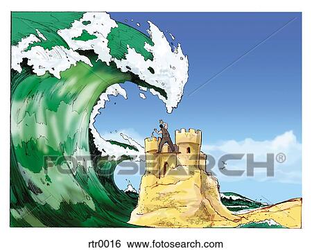 Stock Illustration - businessman on top of a sandcastle standing underneath a giant ocean wave. Fotosearch