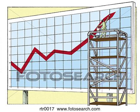 Stock Illustration - businessman standing on a scaffolding while painting a sales chart. Fotosearch