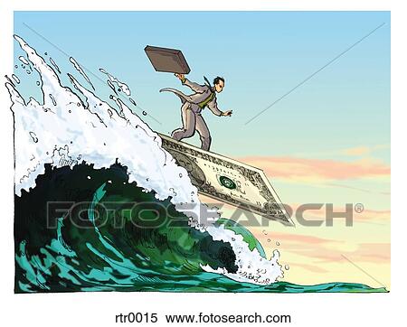 businessman surfing on a dollar surf board View Large Illustration Stock Illustration - businessman surfing on a dollar surf board. Fotosearch