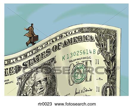 businessman walking on the edge of a dollar bill View Large Illustration Drawing - businessman walking on the edge of a dollar bill. Fotosearch